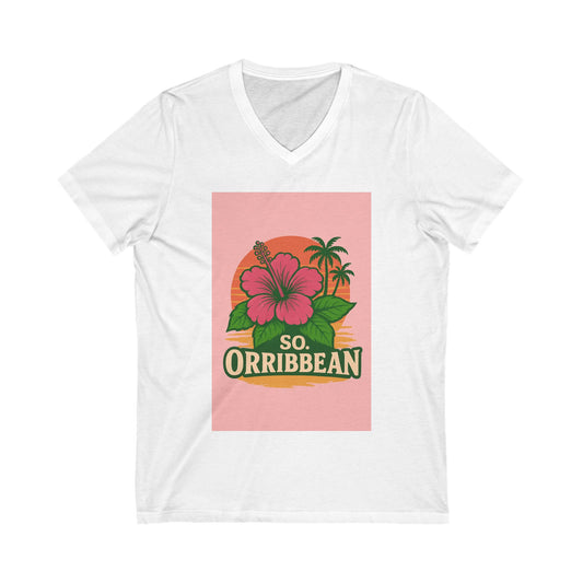 Tropical Floral V-Neck Tee - So Orribbean, Summer Shirt, Beachwear, Vacation Top, Gift for Him/Her