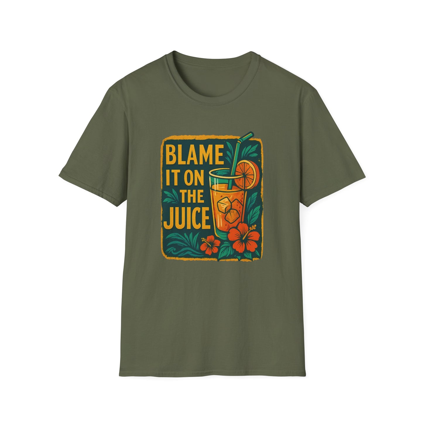 Blame It on the Juice Unisex Softstyle T-Shirt, Fun Summer Tee, Tropical Graphic Shirt, Gift for Juice Lovers, Casual Cool Top