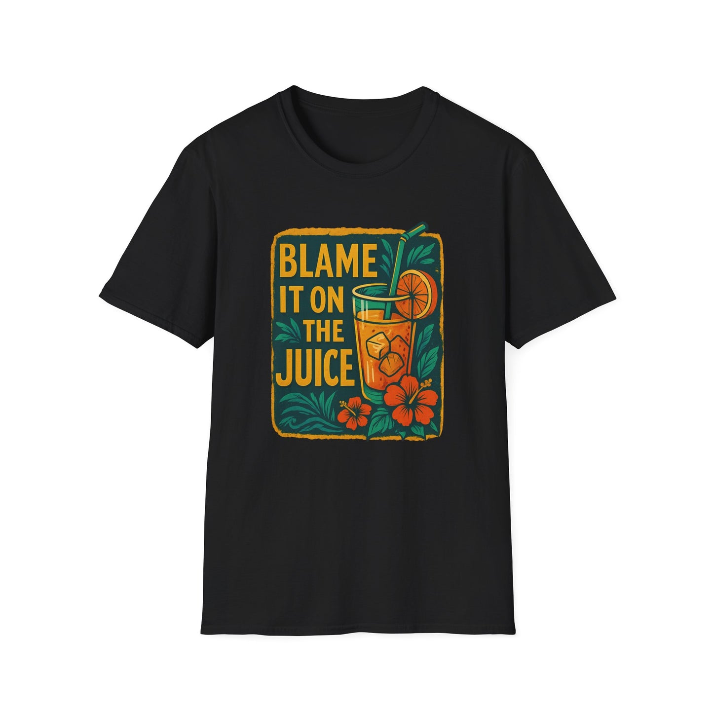 Blame It on the Juice Unisex Softstyle T-Shirt, Fun Summer Tee, Tropical Graphic Shirt, Gift for Juice Lovers, Casual Cool Top