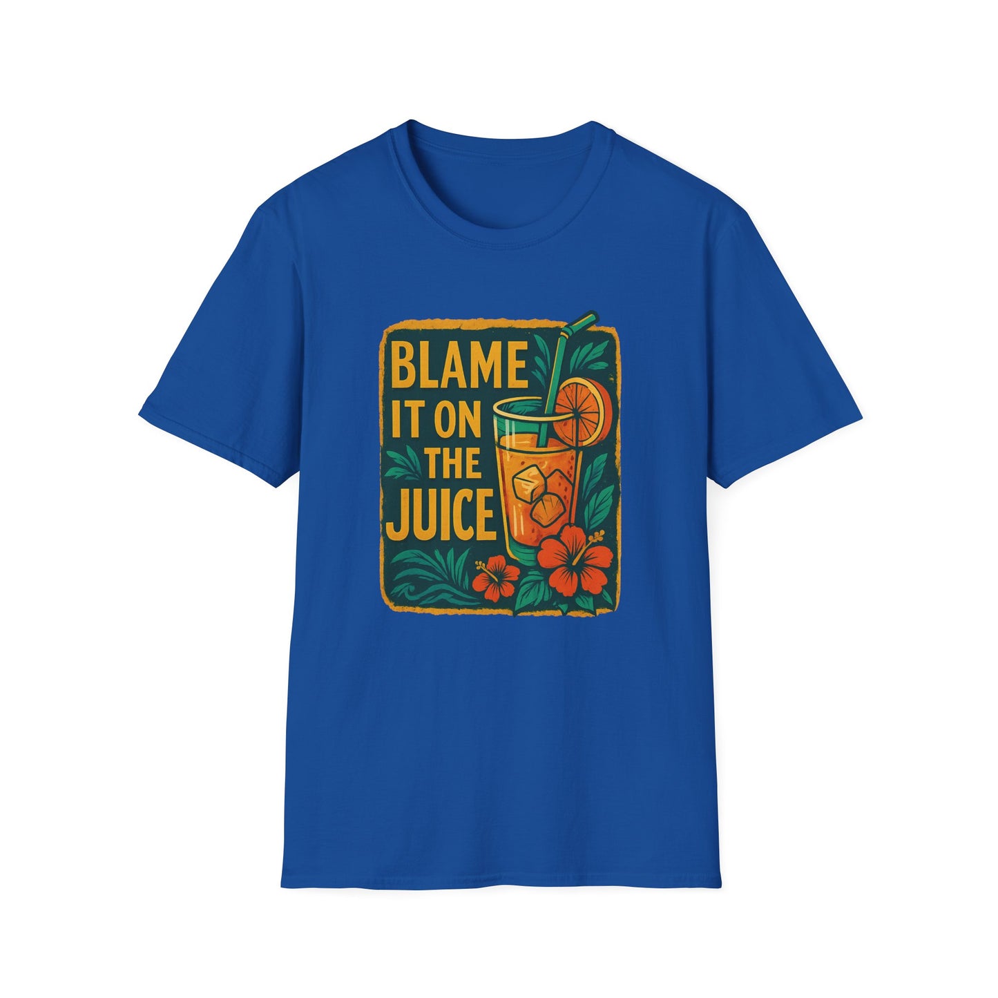 Blame It on the Juice Unisex Softstyle T-Shirt, Fun Summer Tee, Tropical Graphic Shirt, Gift for Juice Lovers, Casual Cool Top