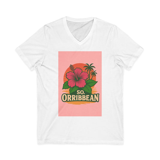 Tropical Floral V-Neck Tee - So Orribbean, Summer Shirt, Beachwear, Vacation Top, Gift for Him/Her